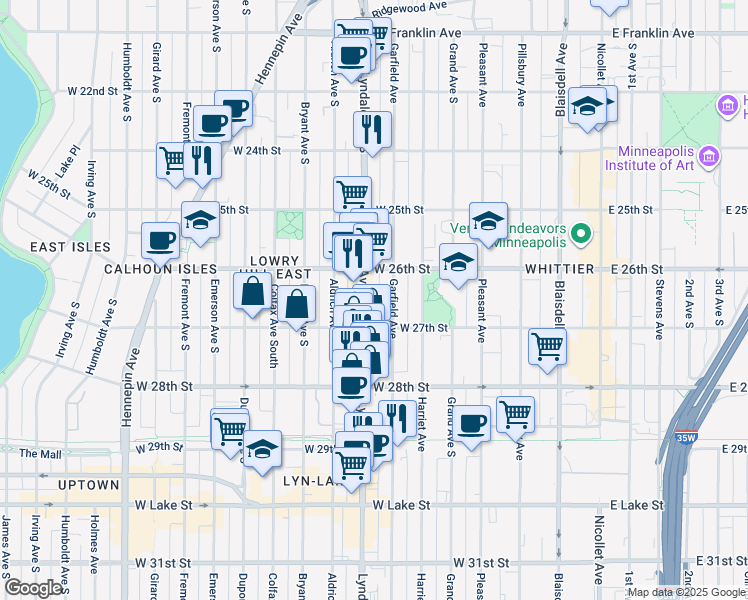 map of restaurants, bars, coffee shops, grocery stores, and more near in Minneapolis