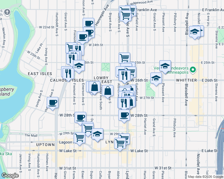 map of restaurants, bars, coffee shops, grocery stores, and more near 2618 Bryant Avenue South in Minneapolis
