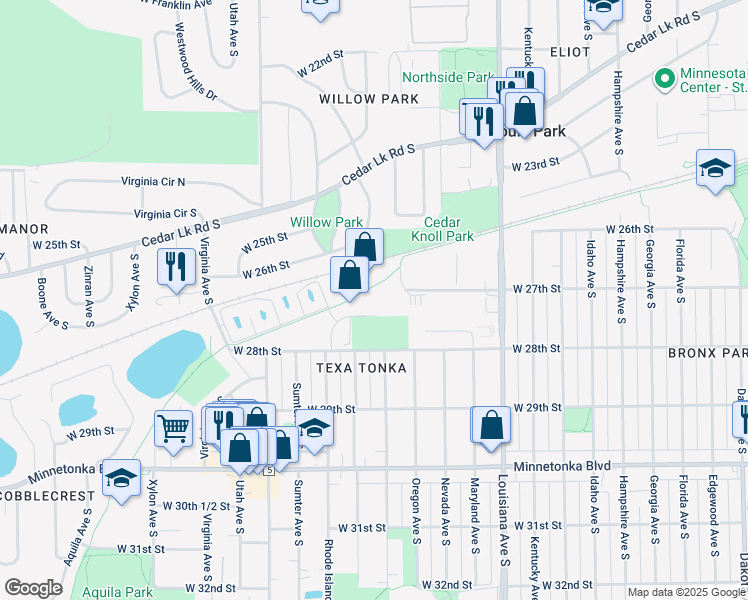 map of restaurants, bars, coffee shops, grocery stores, and more near 7600 West 27th Street in St. Louis Park