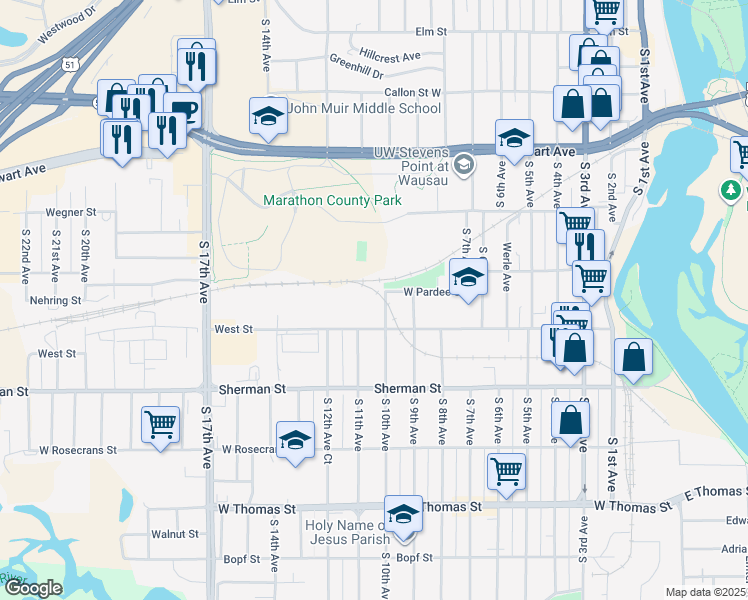 map of restaurants, bars, coffee shops, grocery stores, and more near 710 South 10th Avenue in Wausau