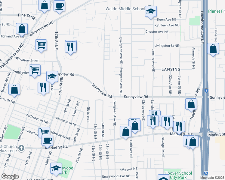 map of restaurants, bars, coffee shops, grocery stores, and more near 2051 Evergreen Avenue Northeast in Salem
