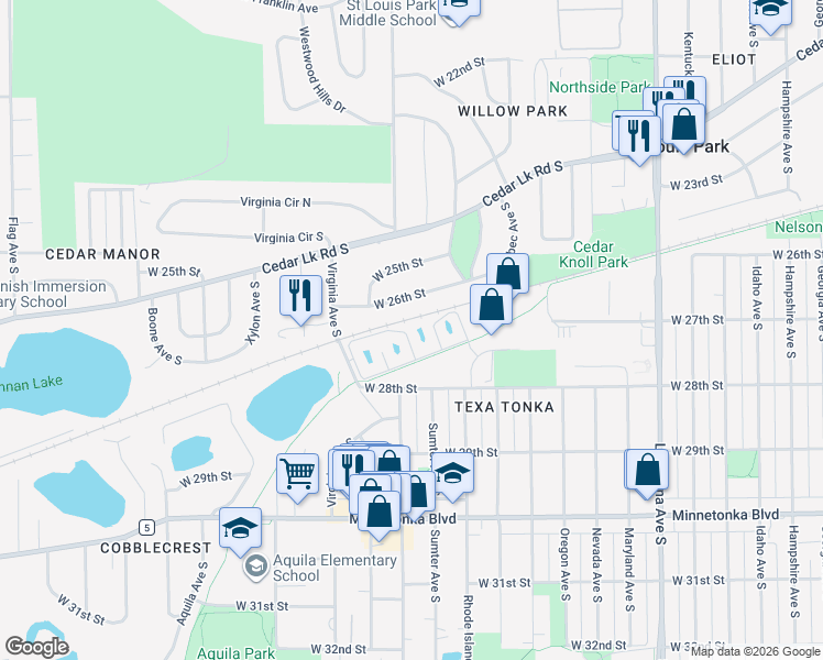 map of restaurants, bars, coffee shops, grocery stores, and more near 8001 West 26th Street in Minneapolis