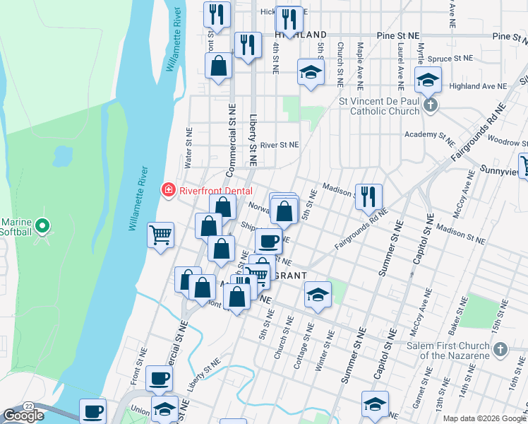 map of restaurants, bars, coffee shops, grocery stores, and more near 351 Norway Street Northeast in Salem