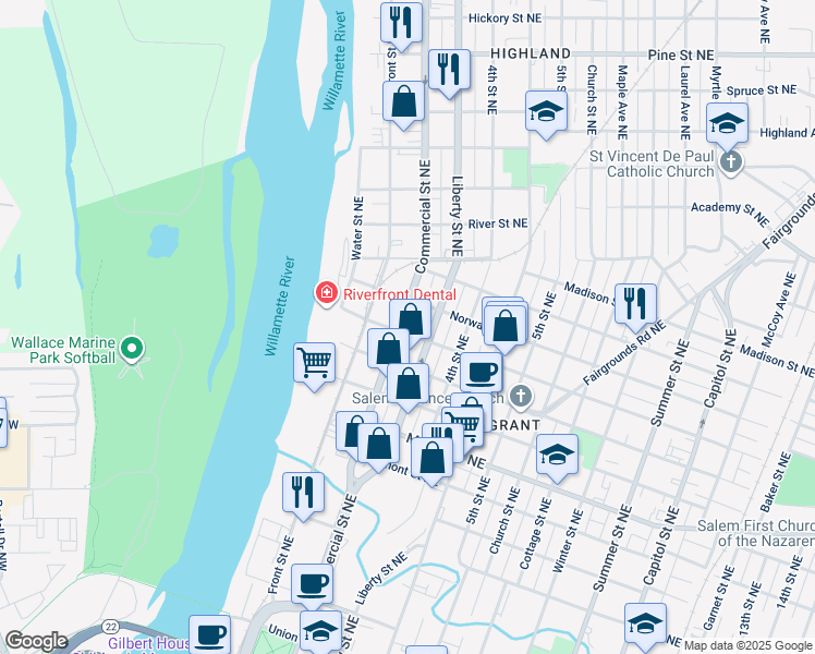 map of restaurants, bars, coffee shops, grocery stores, and more near 1588 Commercial Street Northeast in Salem