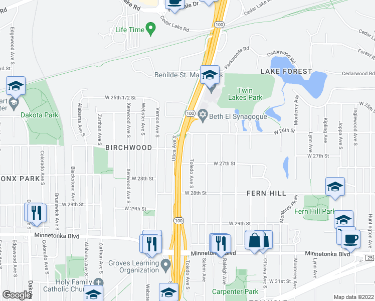map of restaurants, bars, coffee shops, grocery stores, and more near 2621 Toledo Avenue South in Minneapolis