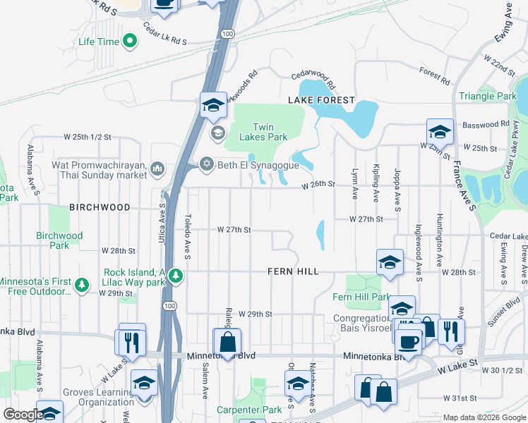 map of restaurants, bars, coffee shops, grocery stores, and more near 2616 Princeton in Minneapolis