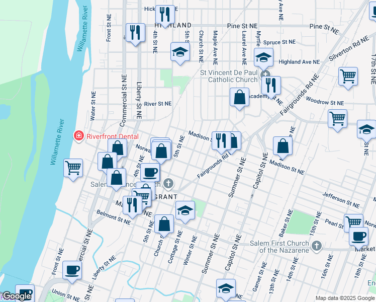 map of restaurants, bars, coffee shops, grocery stores, and more near 1705 Church Street Northeast in Salem