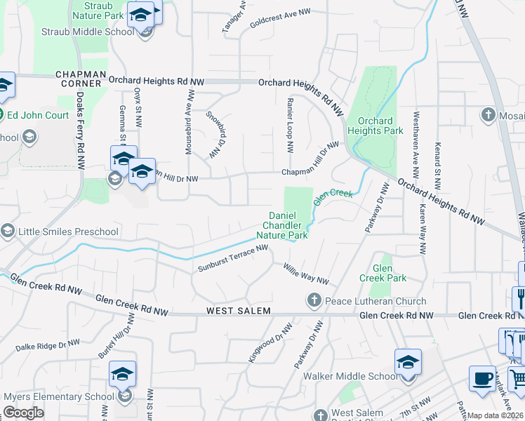 map of restaurants, bars, coffee shops, grocery stores, and more near 1673 Olympia Court Northwest in Salem