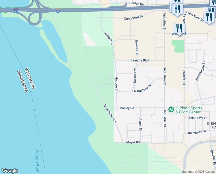 map of restaurants, bars, coffee shops, grocery stores, and more near 1440 Hazel Court in Hudson