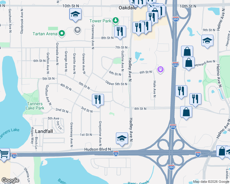 map of restaurants, bars, coffee shops, grocery stores, and more near 549 Grovner Avenue North in Oakdale