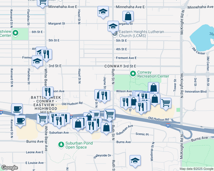 map of restaurants, bars, coffee shops, grocery stores, and more near 451 Jayne Street in Saint Paul