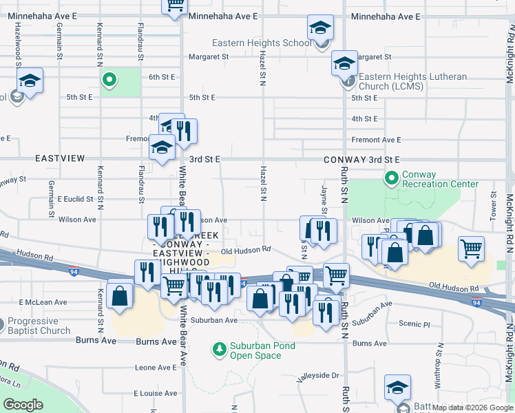 map of restaurants, bars, coffee shops, grocery stores, and more near 1871 Wilson Avenue in Saint Paul