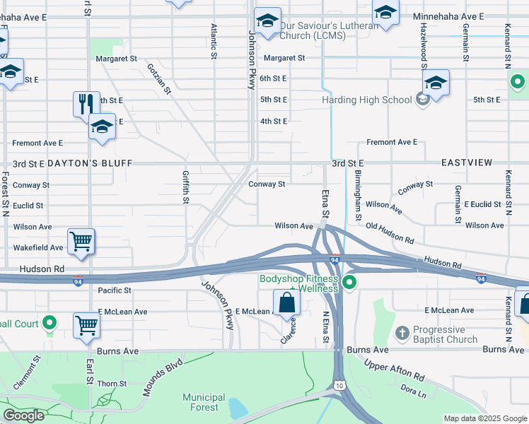 map of restaurants, bars, coffee shops, grocery stores, and more near 446 North English Street in Saint Paul
