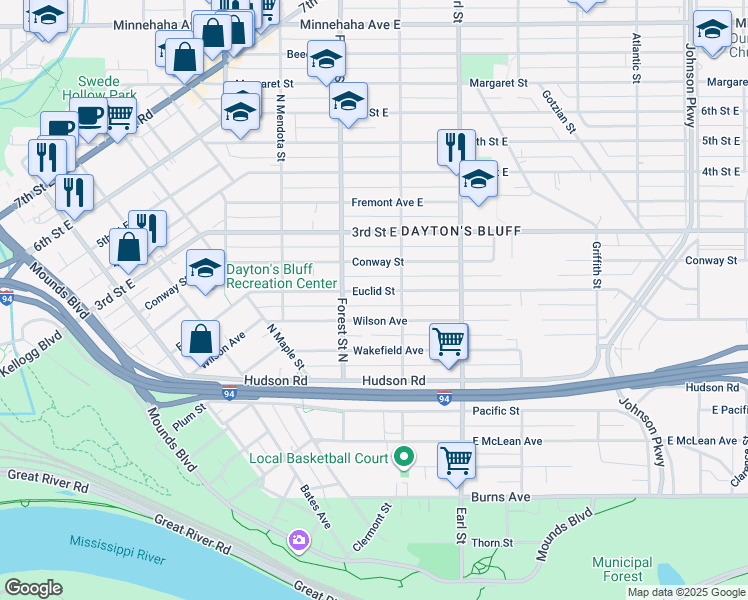 map of restaurants, bars, coffee shops, grocery stores, and more near 960 Euclid Street in Saint Paul