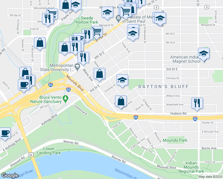 map of restaurants, bars, coffee shops, grocery stores, and more near 695 Conway Street in Saint Paul