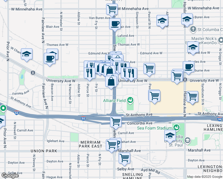 map of restaurants, bars, coffee shops, grocery stores, and more near in Saint Paul