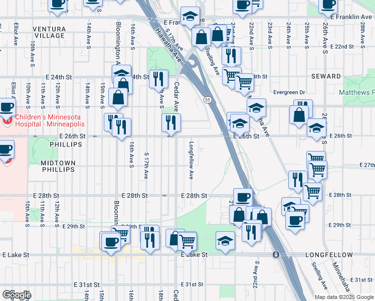 map of restaurants, bars, coffee shops, grocery stores, and more near 2615 Longfellow Avenue in Minneapolis