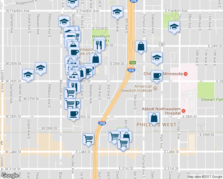map of restaurants, bars, coffee shops, grocery stores, and more near 2610 3rd Avenue South in Minneapolis