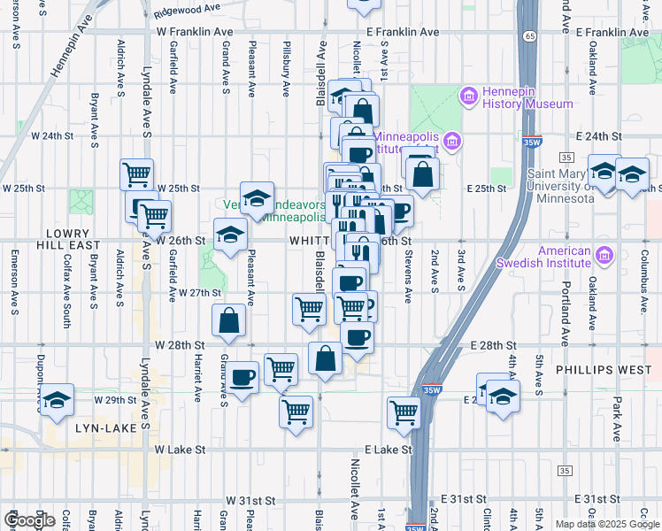 map of restaurants, bars, coffee shops, grocery stores, and more near in Minneapolis