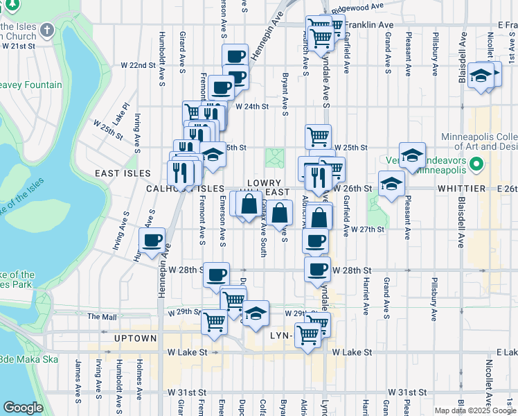 map of restaurants, bars, coffee shops, grocery stores, and more near in Minneapolis