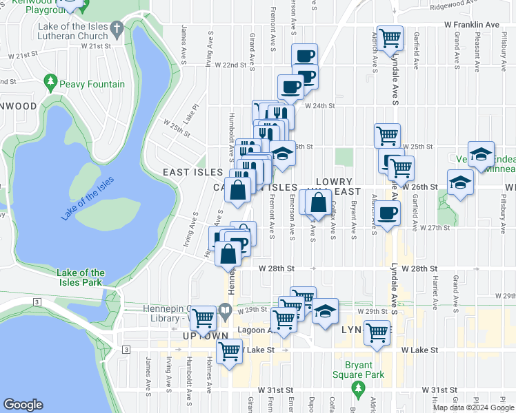 map of restaurants, bars, coffee shops, grocery stores, and more near in Minneapolis