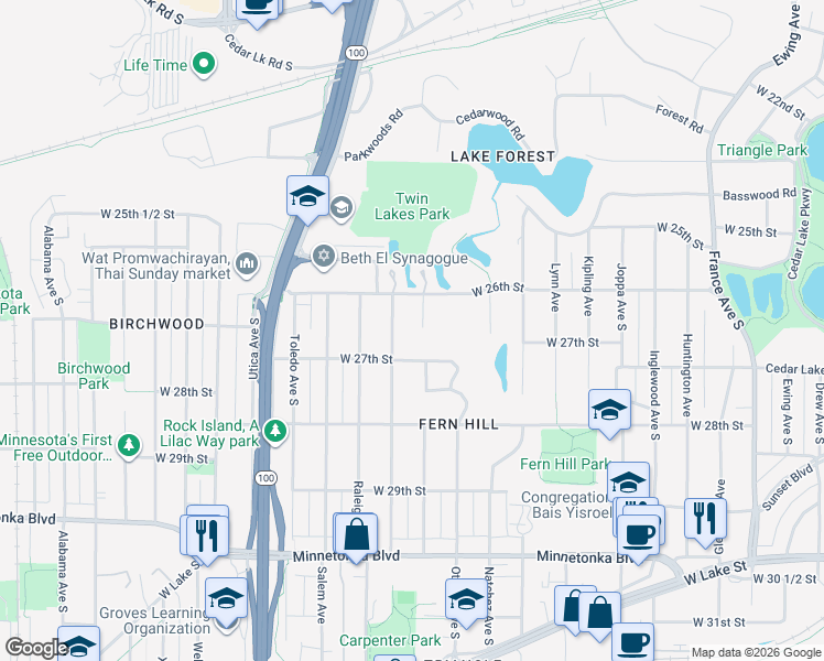 map of restaurants, bars, coffee shops, grocery stores, and more near 2616 Princeton in Minneapolis