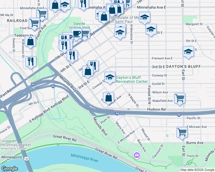 map of restaurants, bars, coffee shops, grocery stores, and more near 262 Bates Avenue in Saint Paul