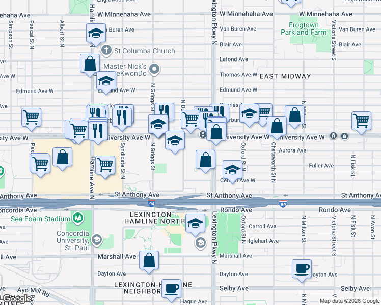 map of restaurants, bars, coffee shops, grocery stores, and more near 451 Lexington Parkway North in Saint Paul