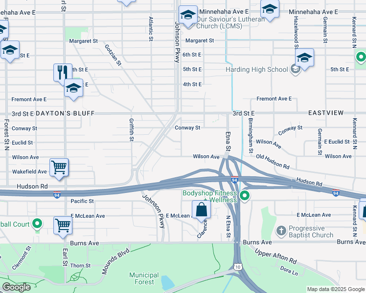 map of restaurants, bars, coffee shops, grocery stores, and more near 434 North English Street in Saint Paul