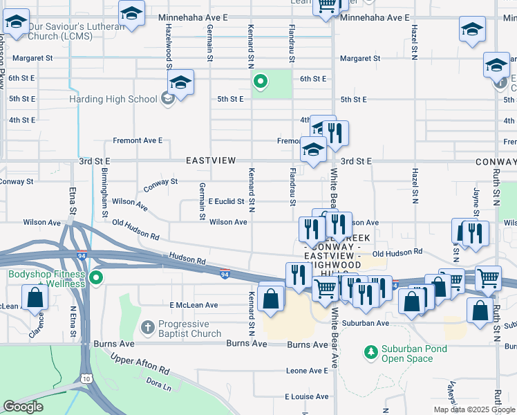 map of restaurants, bars, coffee shops, grocery stores, and more near 1668 East Euclid Street in Saint Paul