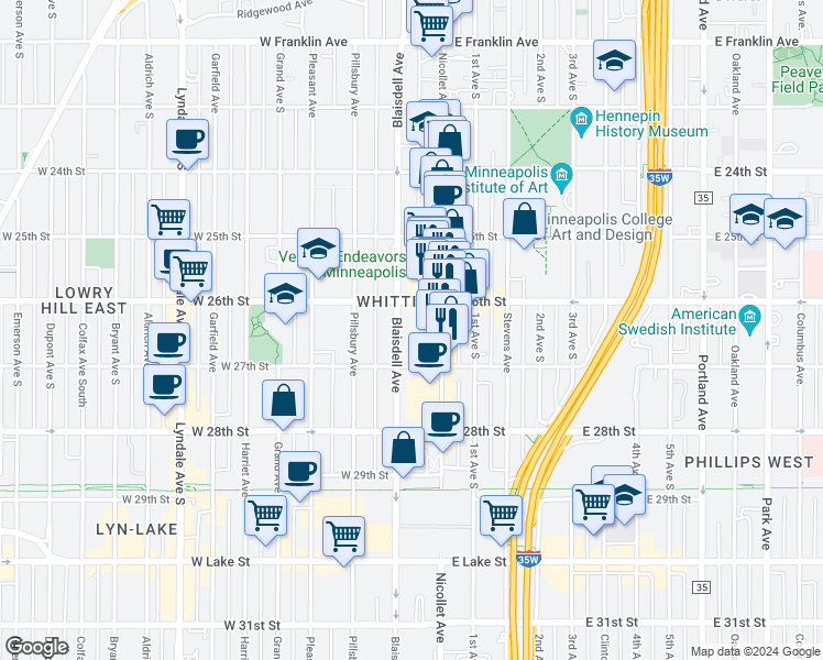 map of restaurants, bars, coffee shops, grocery stores, and more near 2609 Blaisdell Ave S in Minneapolis