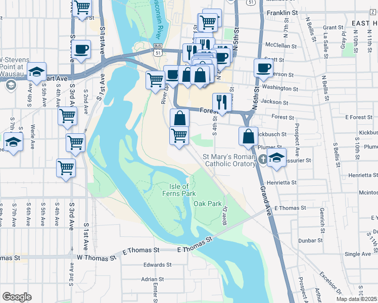 map of restaurants, bars, coffee shops, grocery stores, and more near 210 River Drive in Wausau
