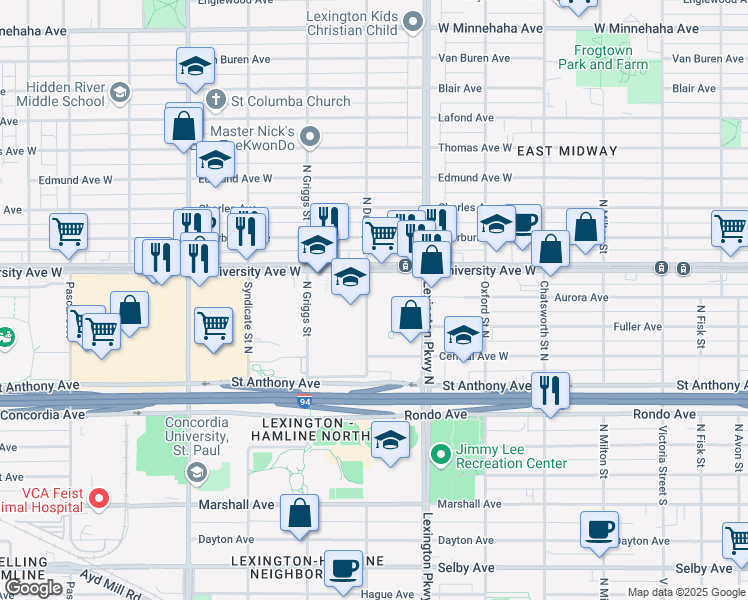 map of restaurants, bars, coffee shops, grocery stores, and more near 451 Lexington Parkway North in Saint Paul