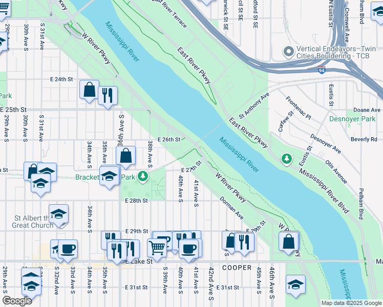 map of restaurants, bars, coffee shops, grocery stores, and more near 2616 West River Parkway in Minneapolis