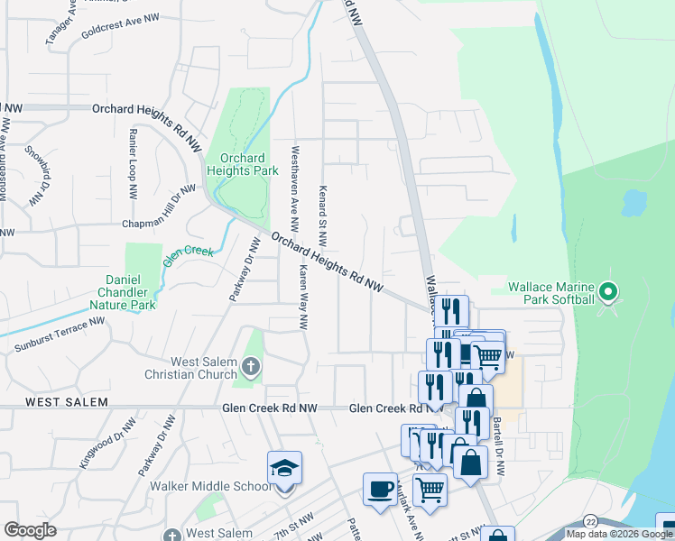 map of restaurants, bars, coffee shops, grocery stores, and more near 923 Orchard Heights Road Northwest in Salem