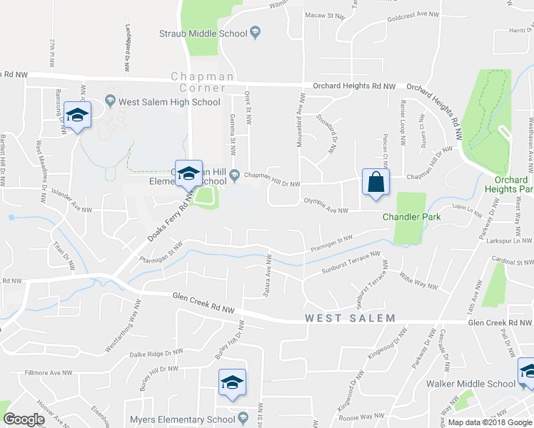 map of restaurants, bars, coffee shops, grocery stores, and more near 1930 Olympia Avenue Northwest in Salem