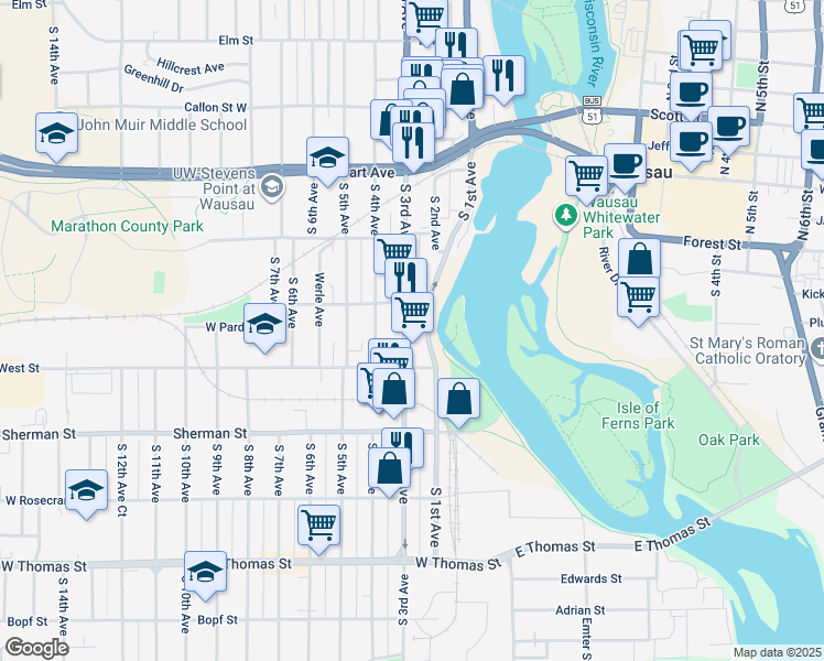 map of restaurants, bars, coffee shops, grocery stores, and more near 719 South 3rd Avenue in Wausau