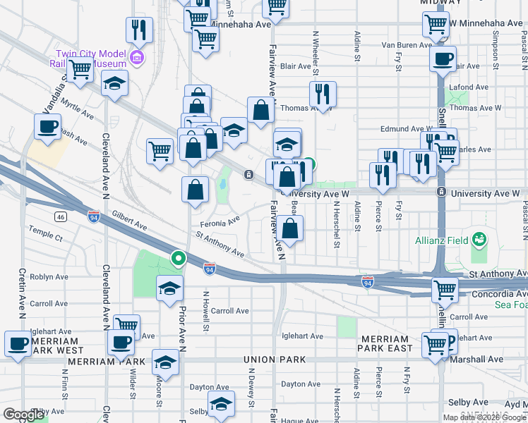 map of restaurants, bars, coffee shops, grocery stores, and more near 1879 Feronia Avenue in Saint Paul