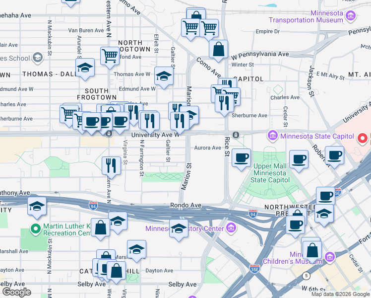 map of restaurants, bars, coffee shops, grocery stores, and more near 479 Marion Street in Saint Paul
