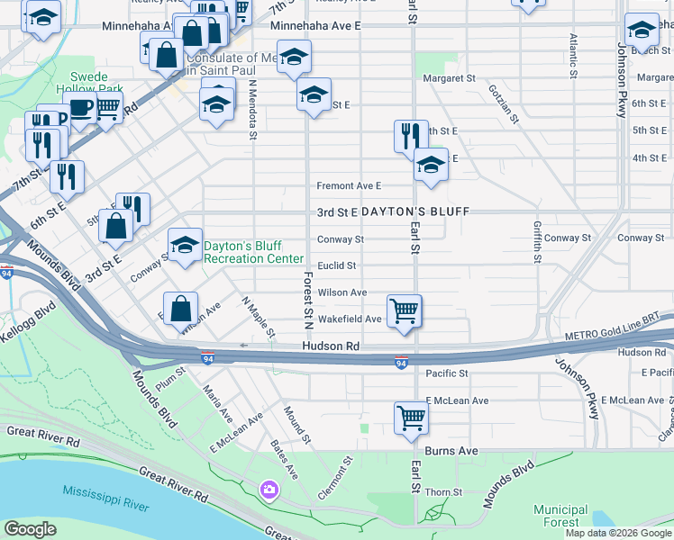 map of restaurants, bars, coffee shops, grocery stores, and more near 960 Euclid Street in Saint Paul