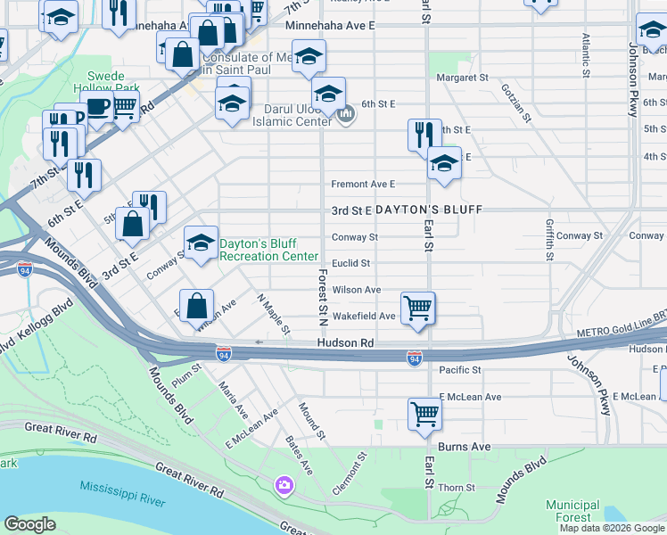 map of restaurants, bars, coffee shops, grocery stores, and more near 960 Euclid Street in Saint Paul