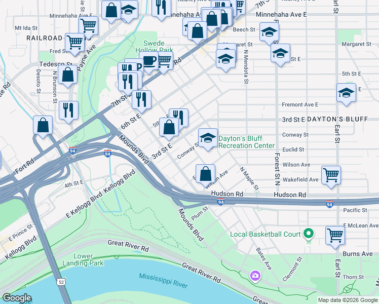 map of restaurants, bars, coffee shops, grocery stores, and more near 695 Conway Street in Saint Paul