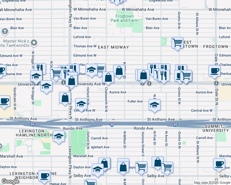 map of restaurants, bars, coffee shops, grocery stores, and more near 971 Aurora Avenue in Saint Paul