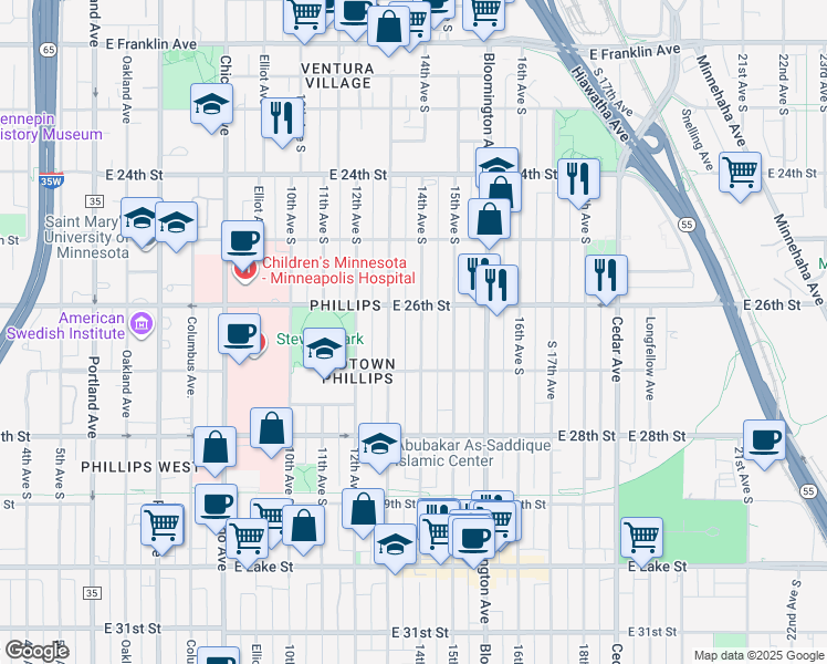 map of restaurants, bars, coffee shops, grocery stores, and more near 2616 14th Avenue South in Minneapolis