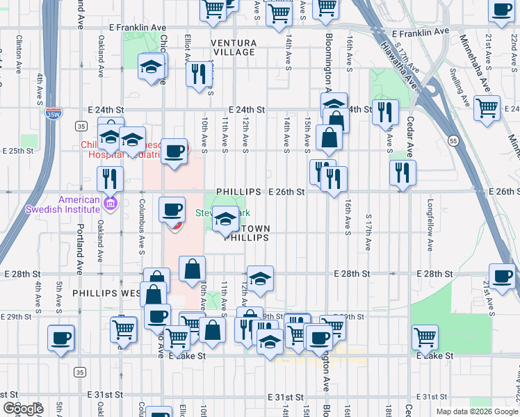 map of restaurants, bars, coffee shops, grocery stores, and more near 2618 13th Avenue South in Minneapolis