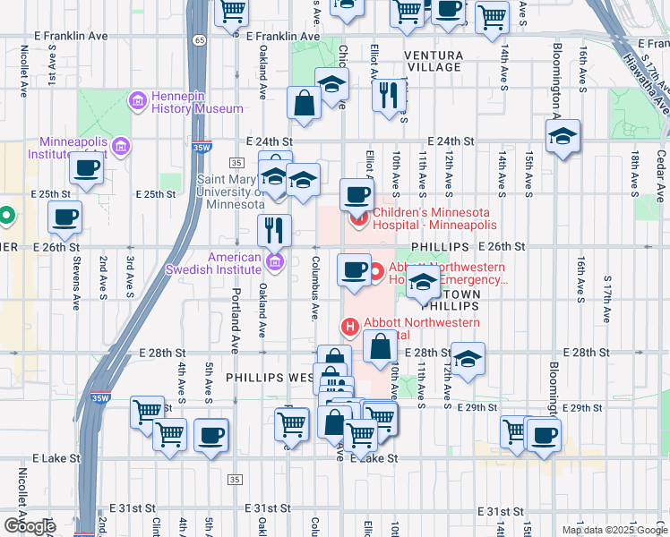map of restaurants, bars, coffee shops, grocery stores, and more near 2610 Chicago Avenue in Minneapolis
