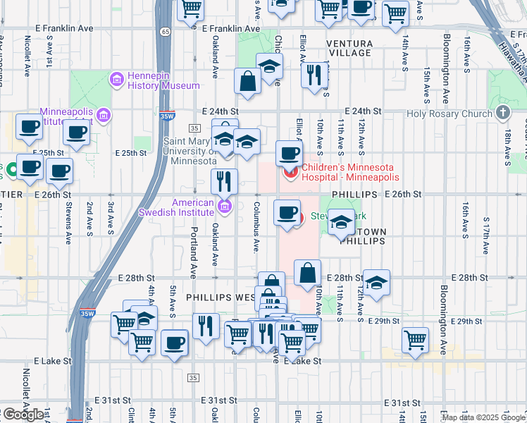 map of restaurants, bars, coffee shops, grocery stores, and more near 2615 Columbus Avenue in Minneapolis