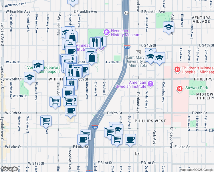 map of restaurants, bars, coffee shops, grocery stores, and more near 2610 3rd Avenue South in Minneapolis
