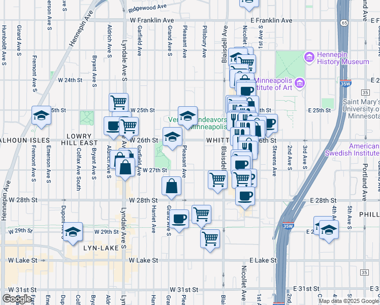 map of restaurants, bars, coffee shops, grocery stores, and more near in Minneapolis