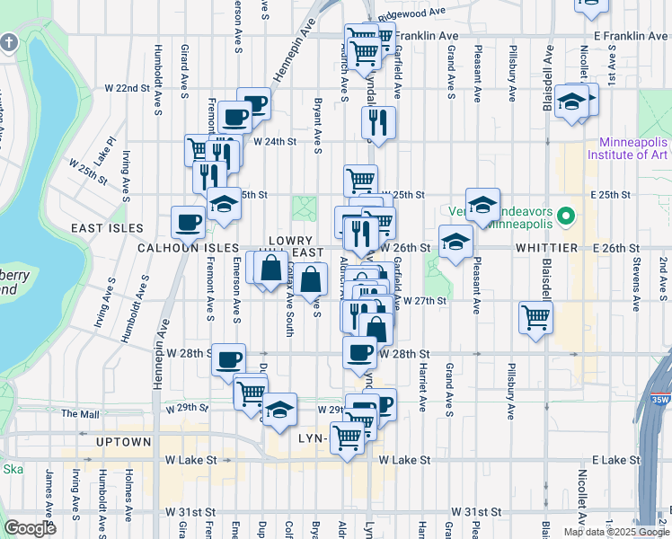 map of restaurants, bars, coffee shops, grocery stores, and more near 2616 Aldrich Avenue South in Minneapolis